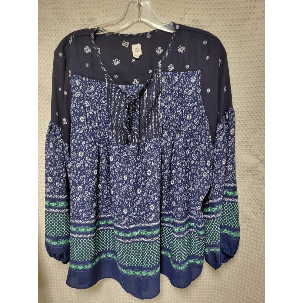 GAP Women's Top L Blue Floral Paisley Mixed Print Long Sleeve Boho Blouse